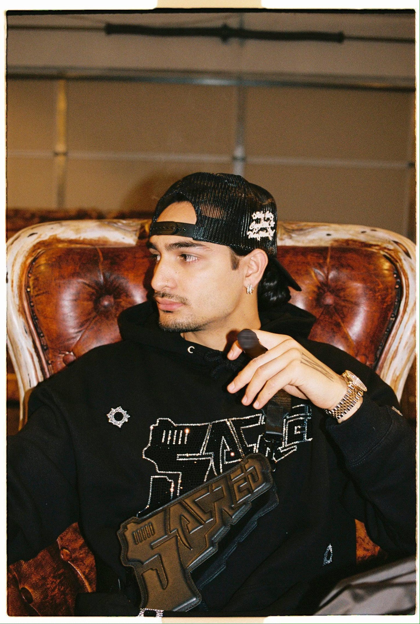 SACRED- Rhinestone Gun Logo Bullet Holes Pullover (Black)